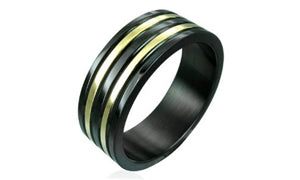 Black and Gold Tones Ribbed Stainless Steel Ring - 9