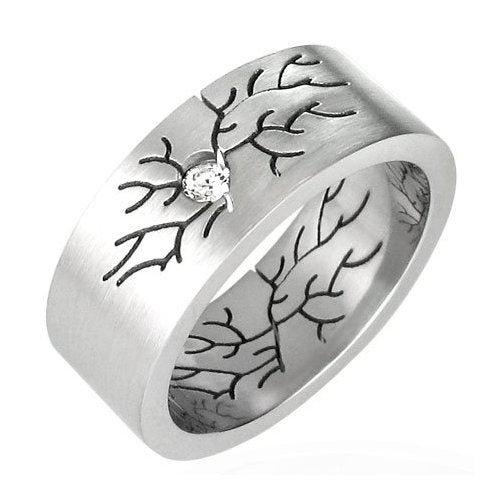 Cubic Zirconia Engraved Cracks Stainless Steel Ring - 12