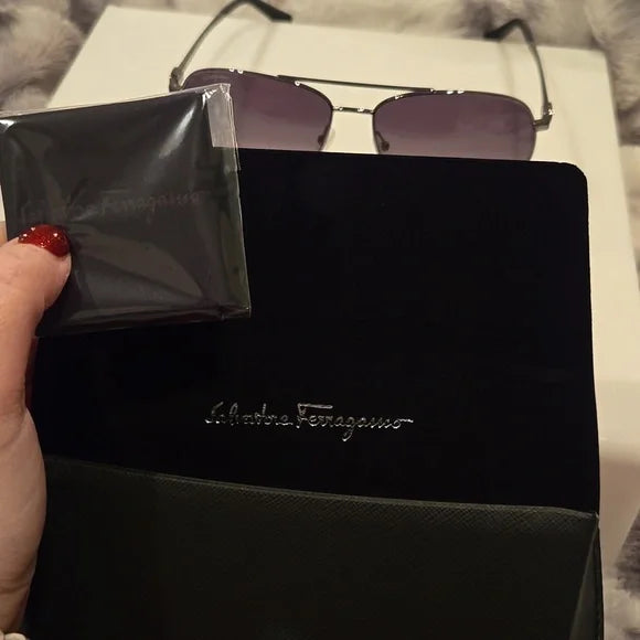 Salvatore Ferragamo Aviator Sunglasses Shiny Ruthenium Brand New In Box