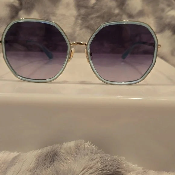 Kate Spade Nicola Gold Teal Hexagonal Sunglasses Brand New In Case