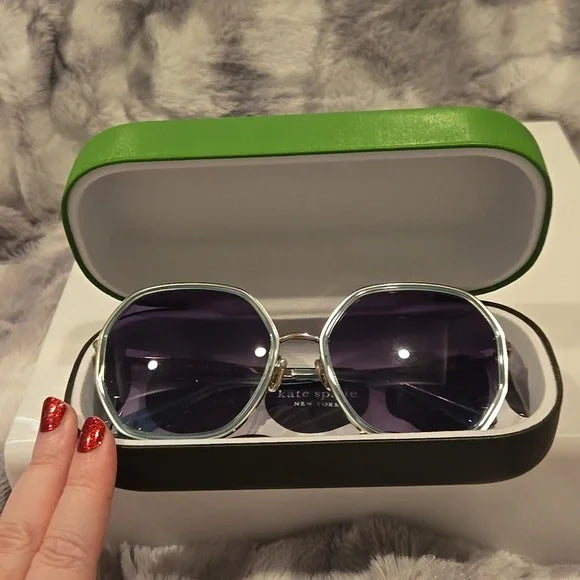 Kate Spade Nicola Gold Teal Hexagonal Sunglasses Brand New In Case