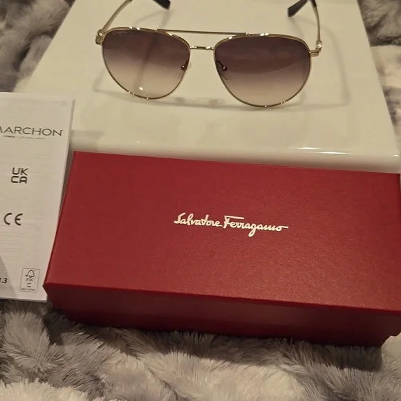 Salvatore Ferragamo Gold Aviator Sunglasses Brand New in Box