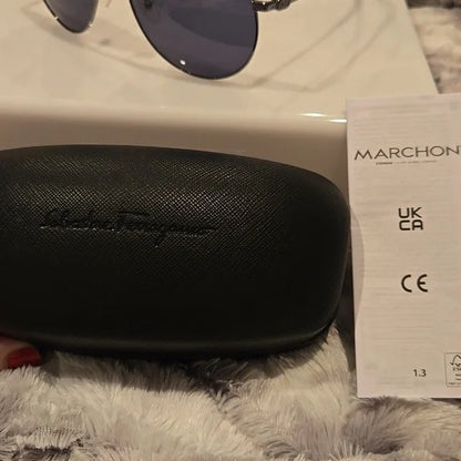 Salvatore Ferragamo Dark Gunmetal Aviator Sunglasses Brand New In Case