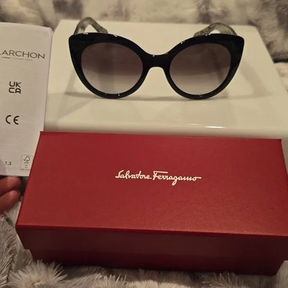 Salvatore Ferragamo Black Cat-Eye Sunglasses Brand New In Case