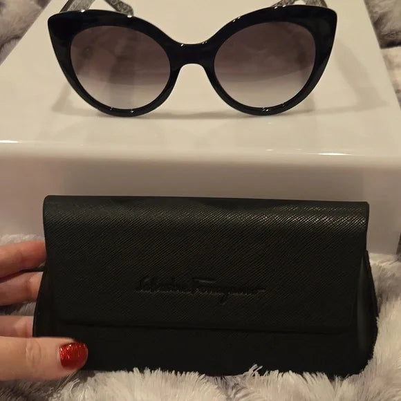 Salvatore Ferragamo Black Cat-Eye Sunglasses Brand New In Case