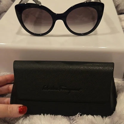 Salvatore Ferragamo Black Cat-Eye Sunglasses Brand New In Case